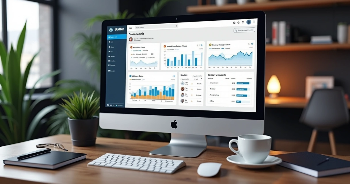 Tela de computador com Buffer, Hootsuite e dashboards analíticos. 