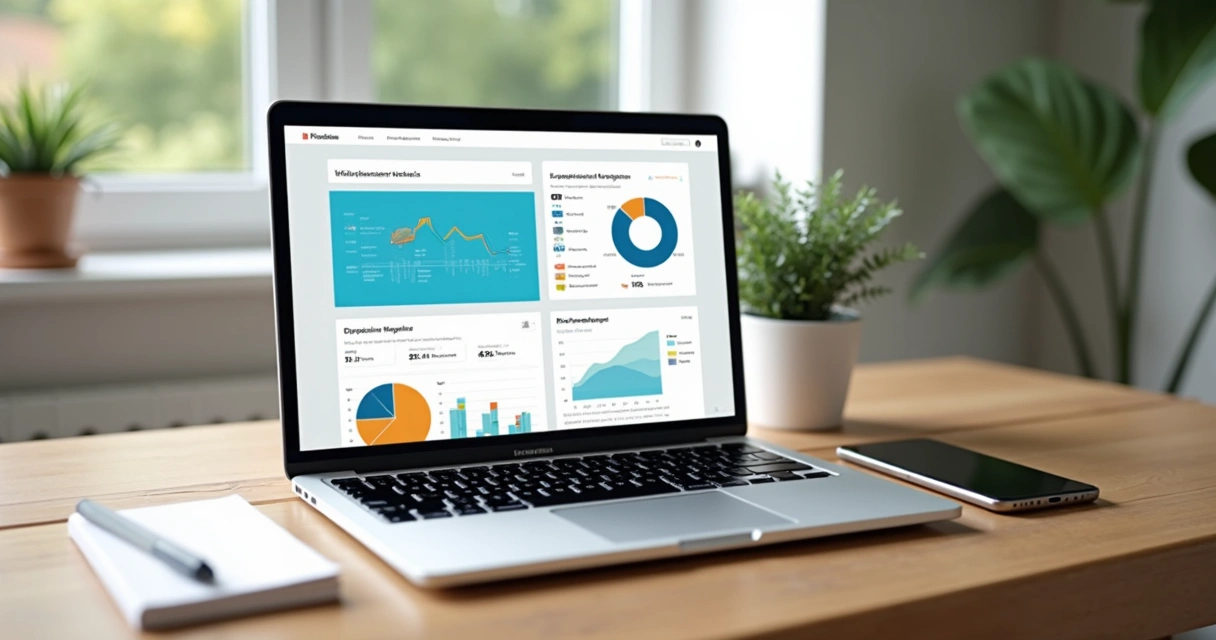 Mesa de trabalho com notebook aberto em dashboards gratuitos de marketing 