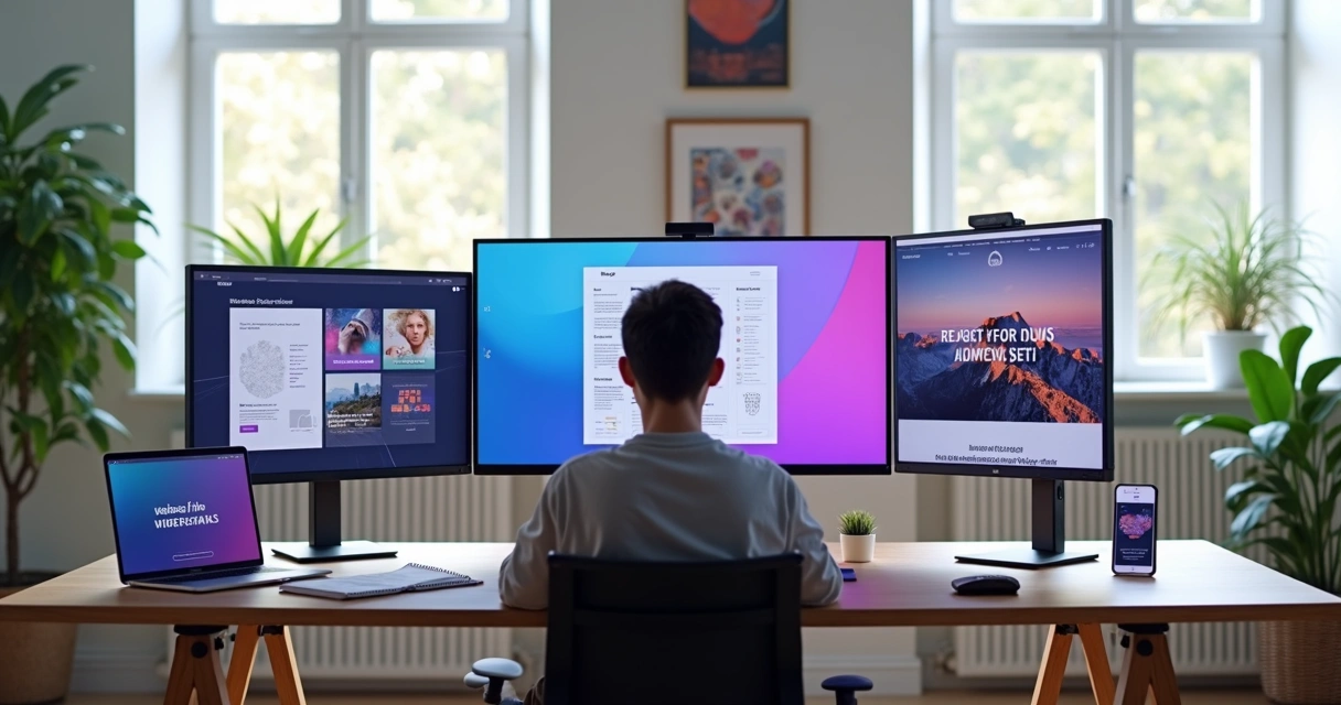 Webdesigner trabalhando em vários monitores com ferramentas gratuitas de design abertas 