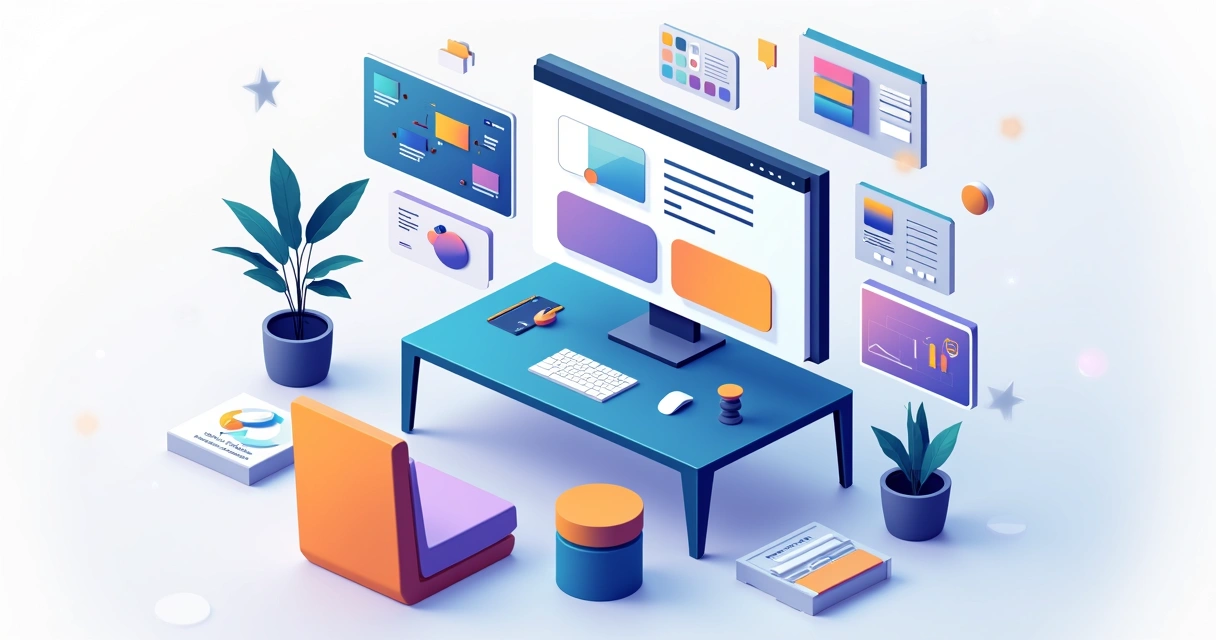 Painel com diversas ferramentas digitais gratuitas flutuando ao redor de um monitor de webdesign 