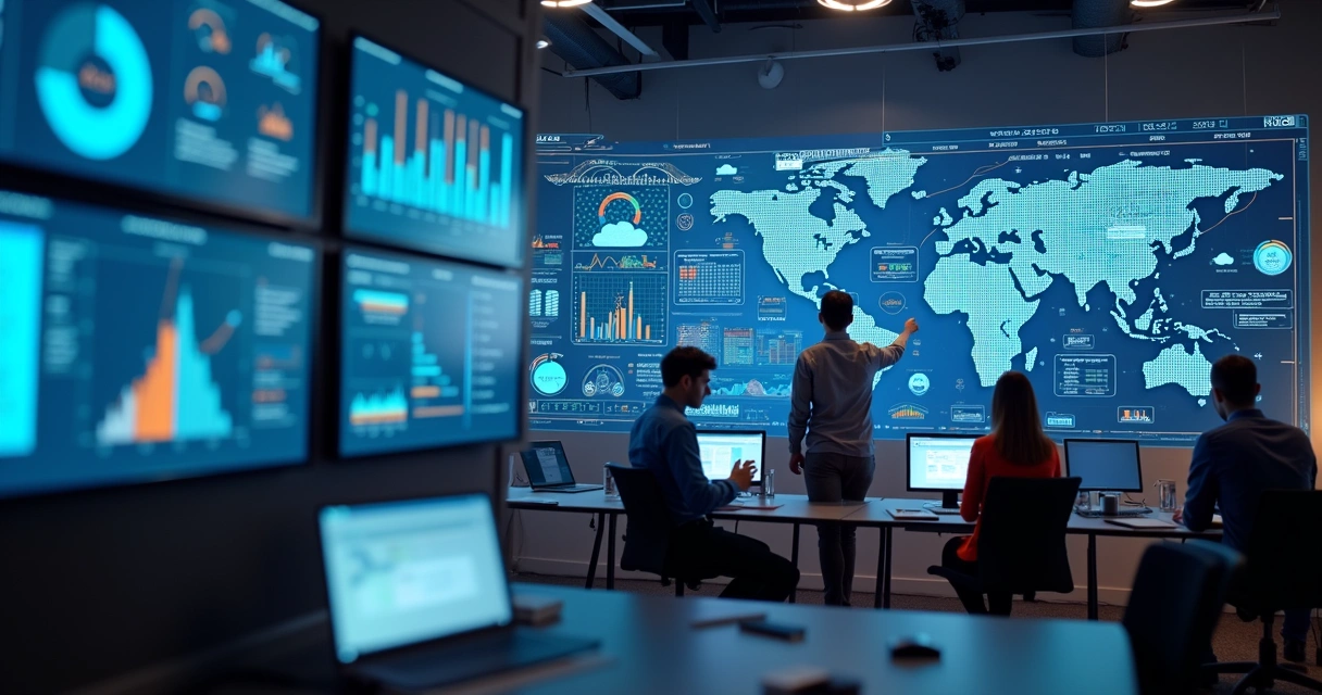 Computadores e telas exibindo gráficos de análise de dados com elementos de inteligência artificial 