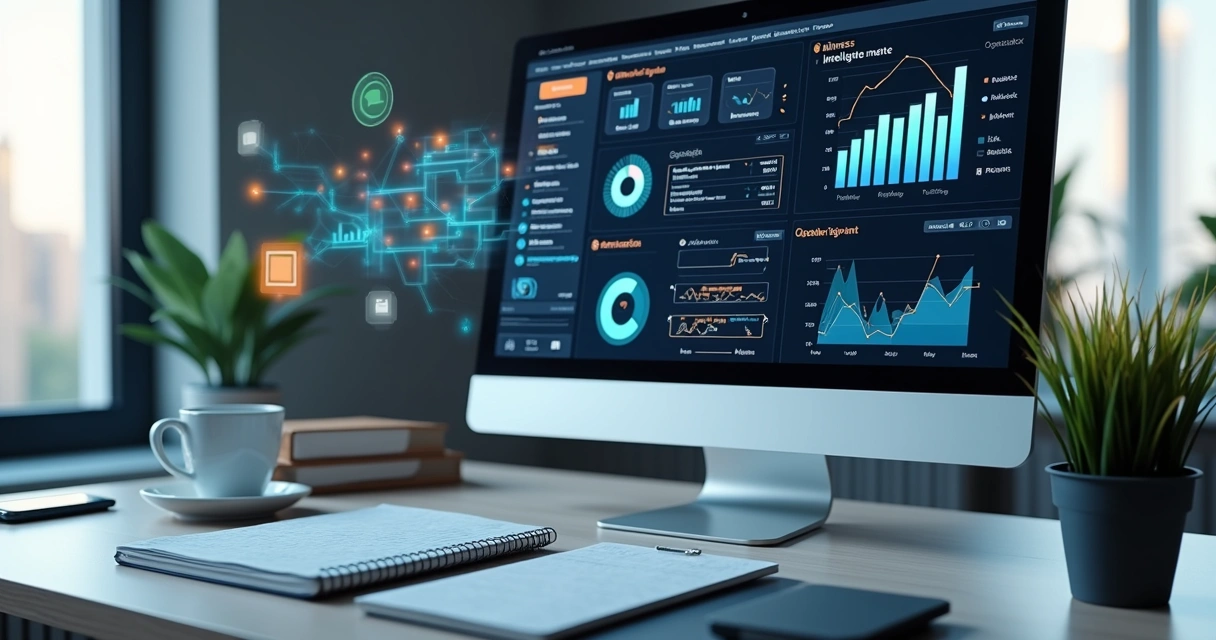 Computador exibindo painel de controle com gráficos de automação empresarial, ícones de inteligência artificial e integração de sistemas 