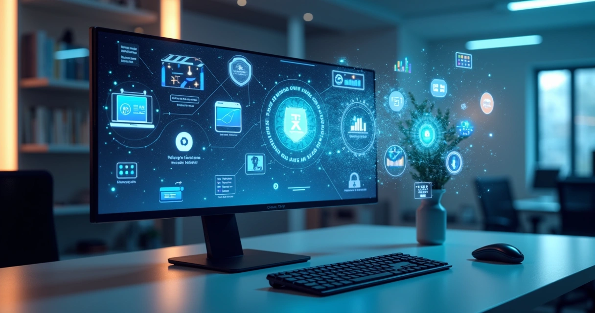 Computador com ícones digitais de IA e educação ao fundo, incluindo imagem de chat, vídeo e gráficos 