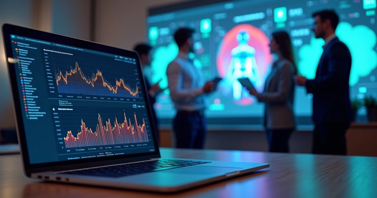 Mesa de trabalho moderna com laptop aberto mostrando gráficos de vendas, robô digital projetado ao fundo interagindo com dados coloridos em hologramas, equipe de vendas ao redor acompanhando monitor 