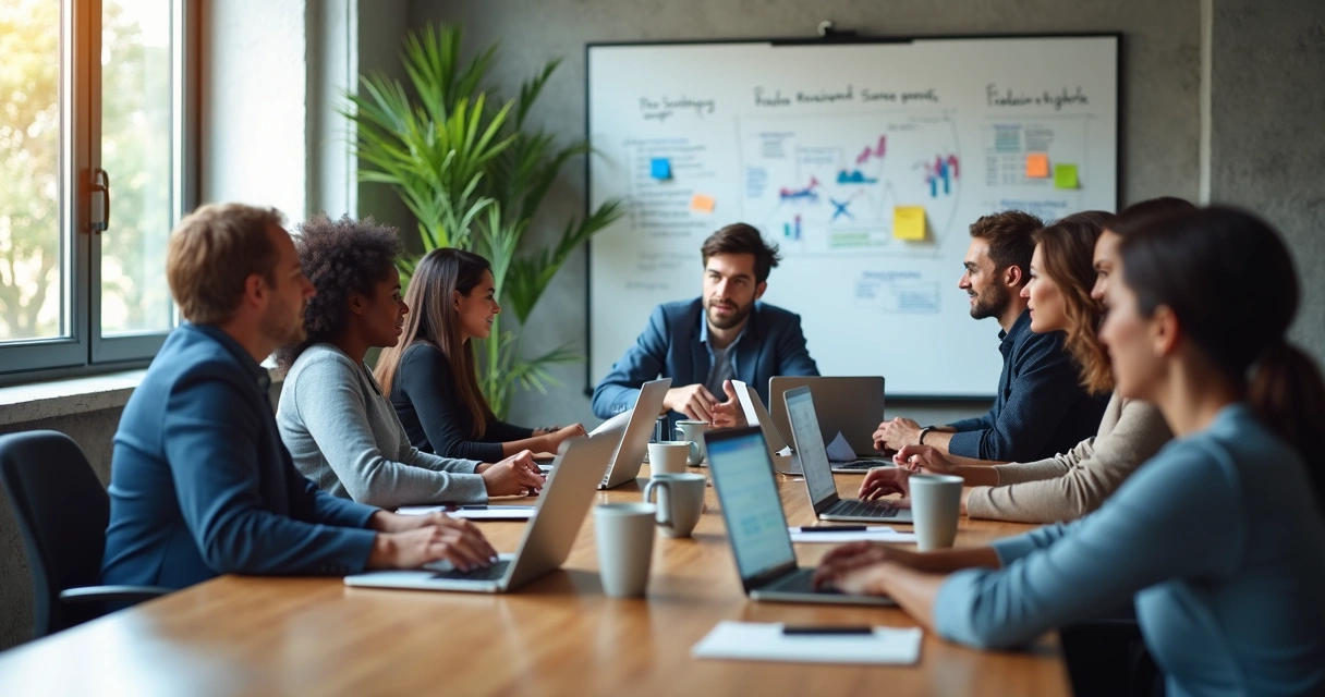 Equipe de vendas reunida usando notebooks com gráficos de IA na tela