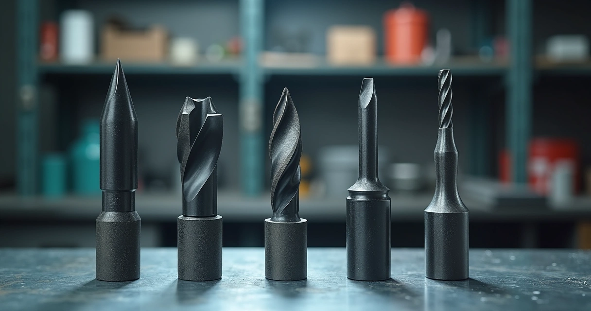 Ferramentas de corte industrial variadas sobre bancada metálica 