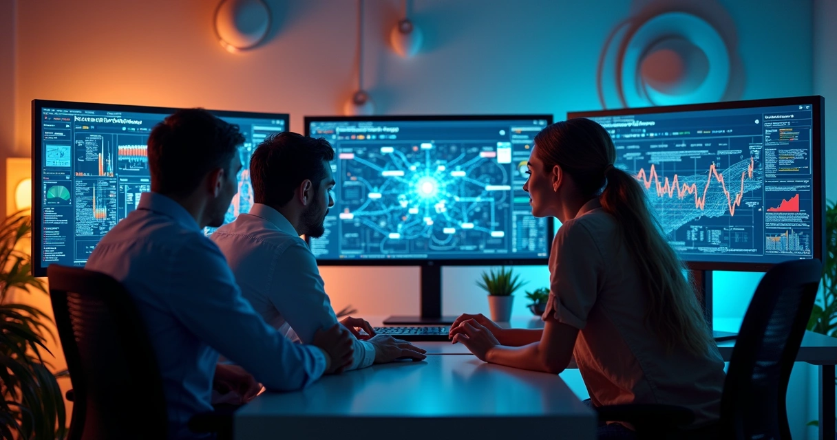 Equipe analisando integração de sistemas digitais em estação de trabalho