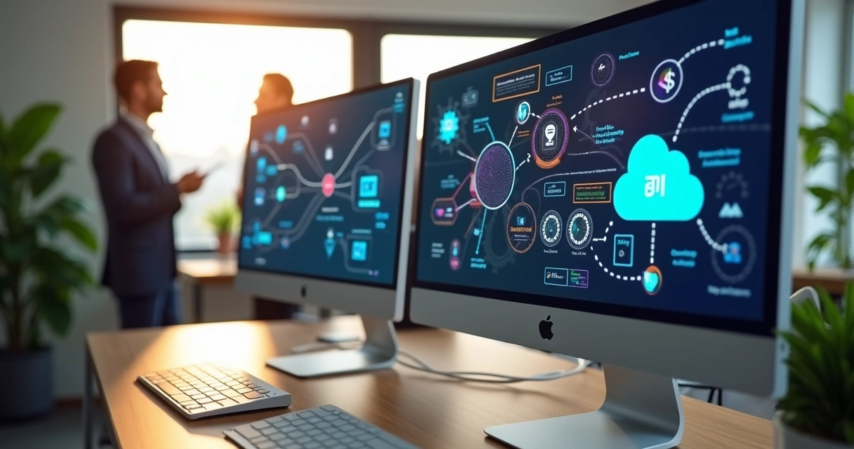 Computadores com telas mostrando conexões de sistemas integrados e gráficos digitais coloridos 