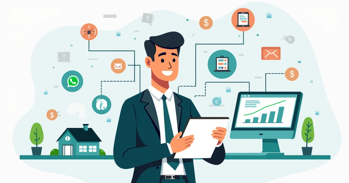 Ilustração de ferramentas integradas e facilidade de uso em CRM imobiliário 