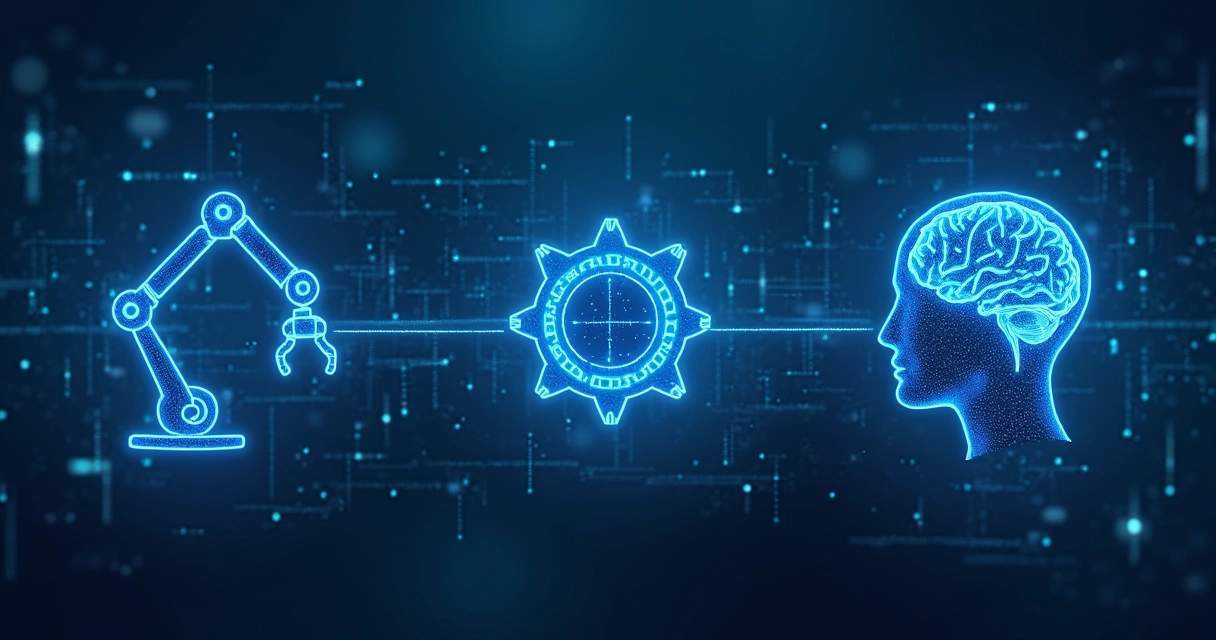 Ícones de RPA, BPMS e IA generativa conectados entre si em rede digital. 