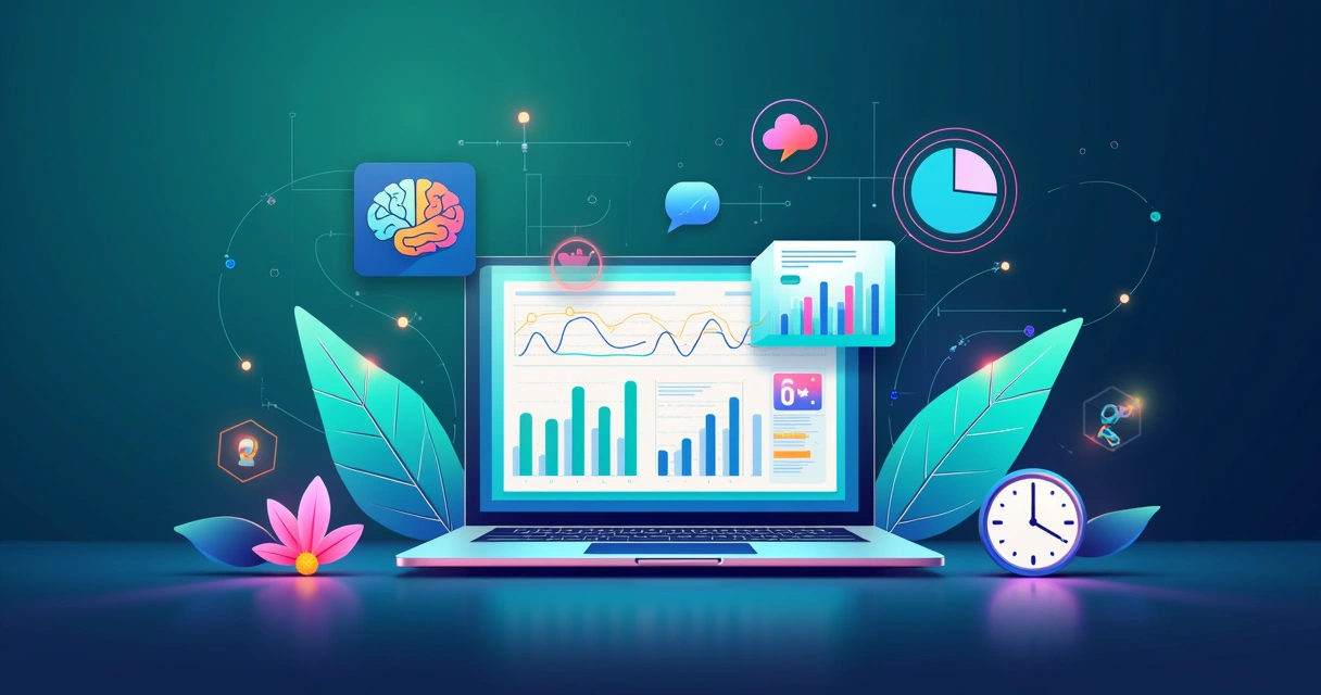 Ilustração de ferramentas de inteligência artificial para análise de dados em um ambiente de trabalho digital.