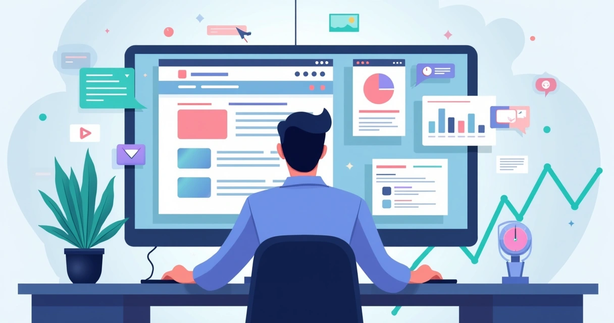 Ilustração de profissional escolhendo ferramenta de landing page em painel com gráficos de conversão 