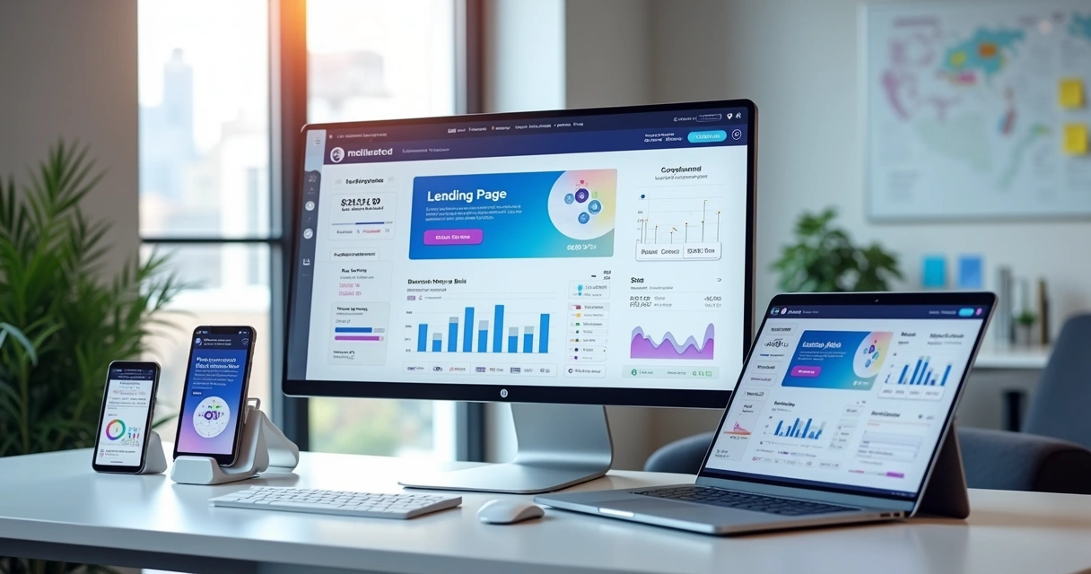 Tela de computador com dashboard de landing pages e métricas de geração de leads 