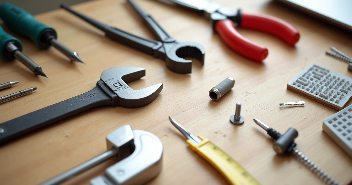 Conjunto de ferramentas de manutenção sobre bancada clara