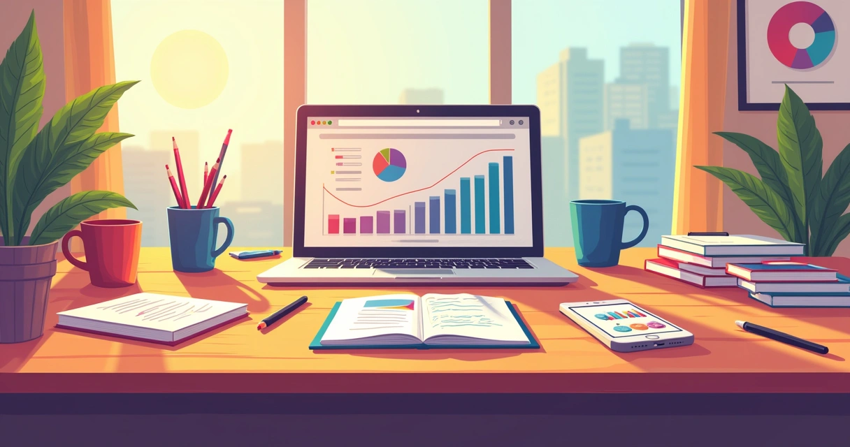Diferentes ferramentas de marketing digital espalhadas sobre uma mesa 