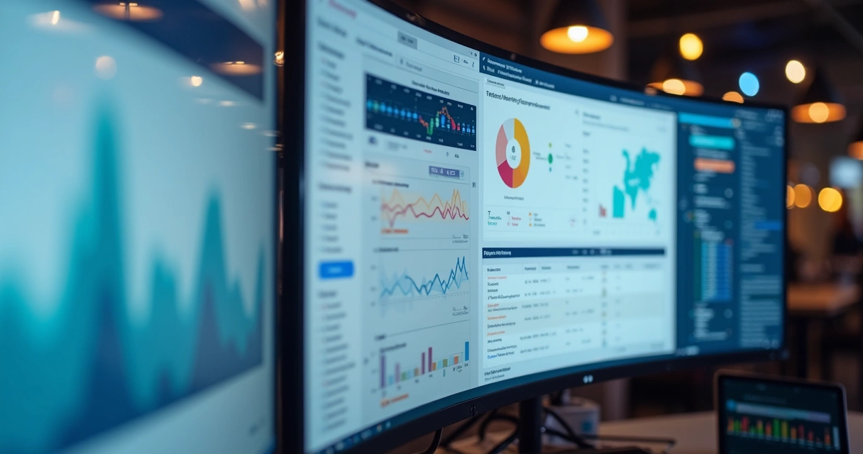 Vários painéis de aplicações de marketing digital em um só monitor 