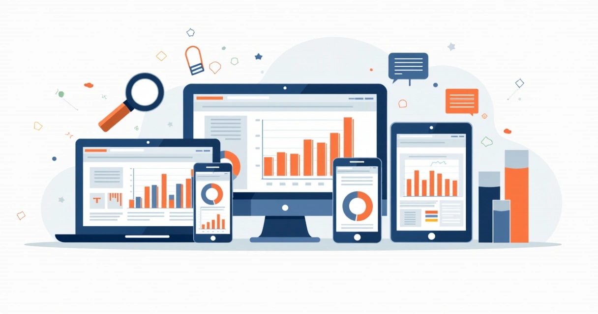 Vários dispositivos mostrando aplicativos de análise SEO 