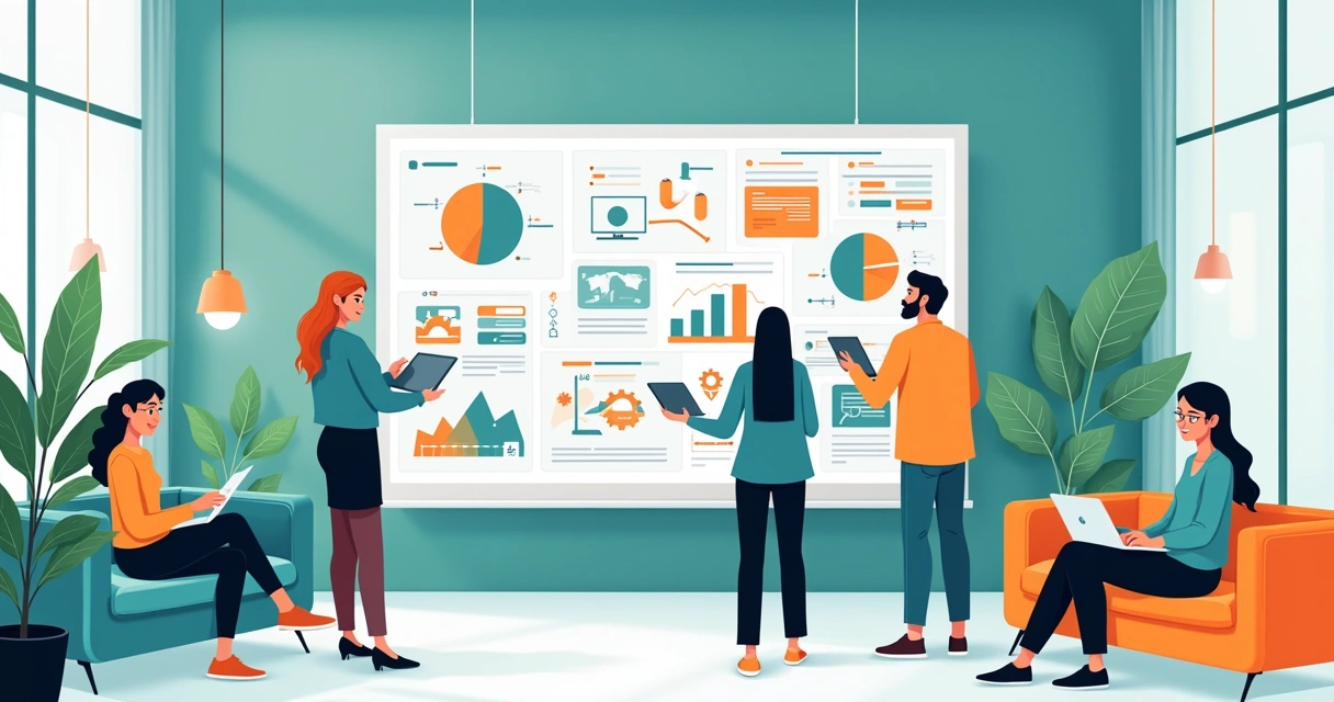 Ambiente de trabalho colaborativo com colaboradores usando ferramentas no-code para modelagem de processos.