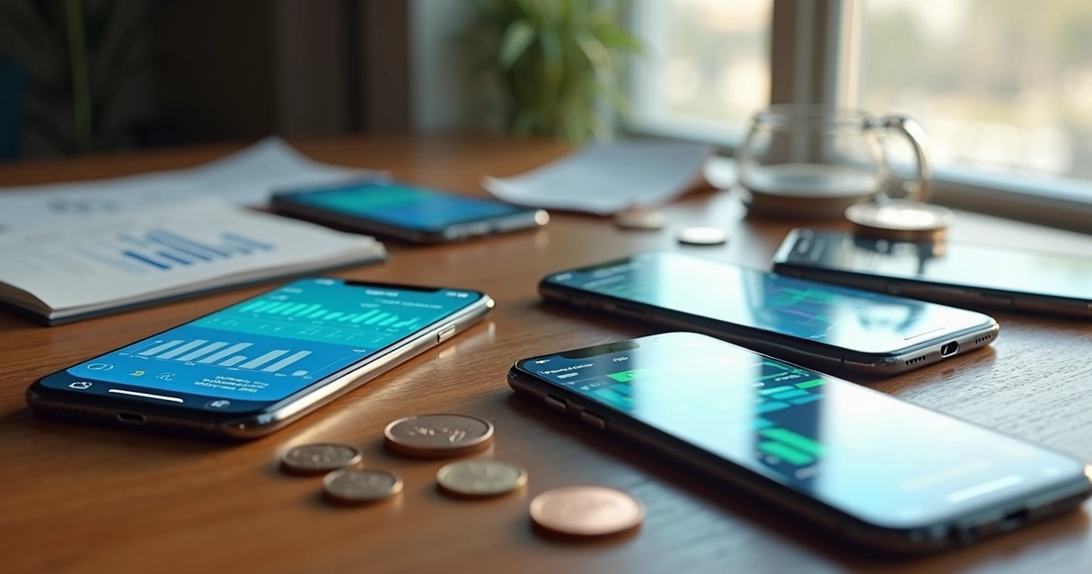 Aplicativos de finanças com gráficos coloridos em telas de celulares sobre uma mesa 