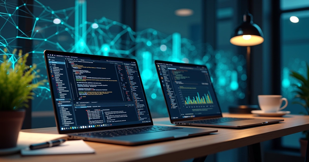 Mesa de trabalho com notebooks e telas mostrando interfaces de ferramentas open source, códigos, gráficos e nuvem digital 