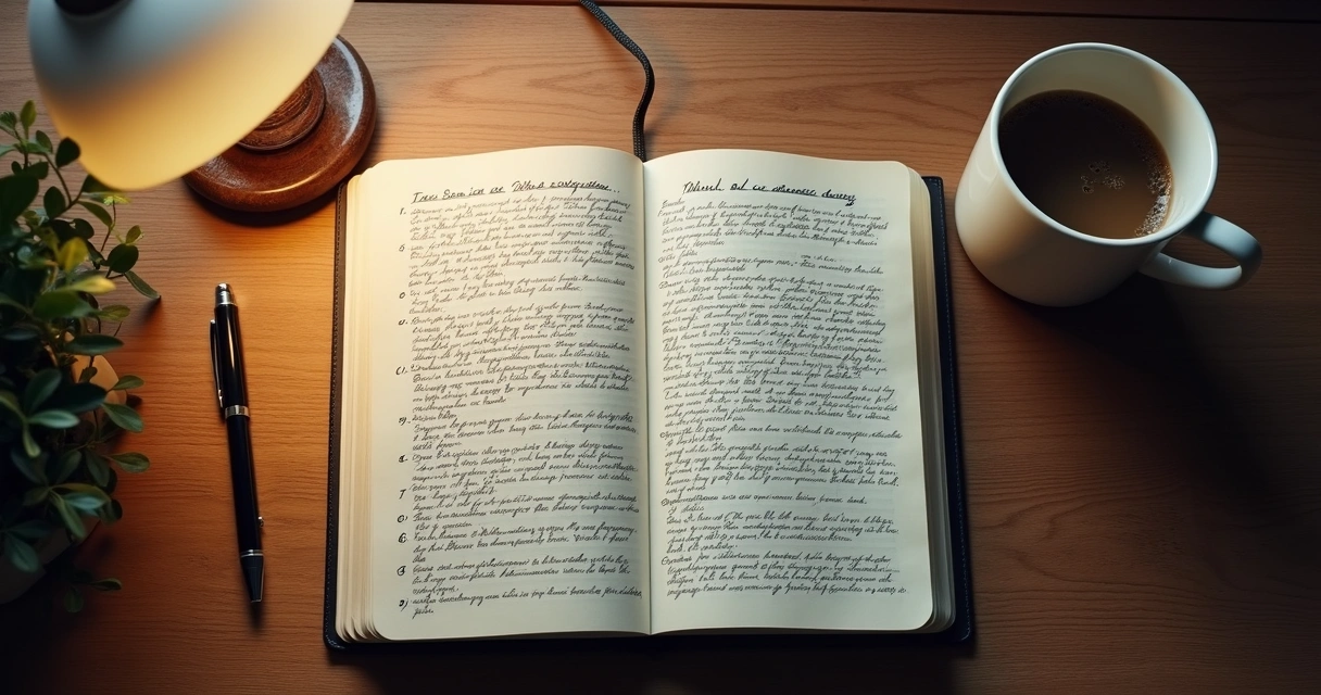 Caderno aberto com anotações à mão e uma caneca ao lado 