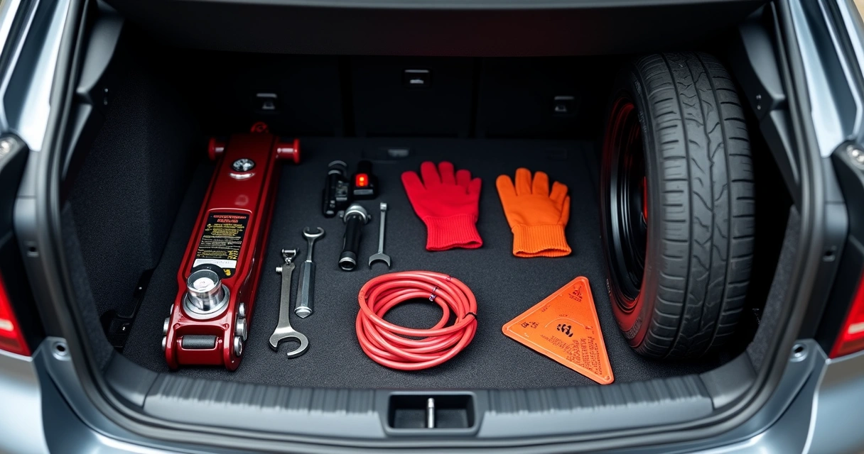 Ferramentas automotivas básicas organizadas no porta-malas do carro