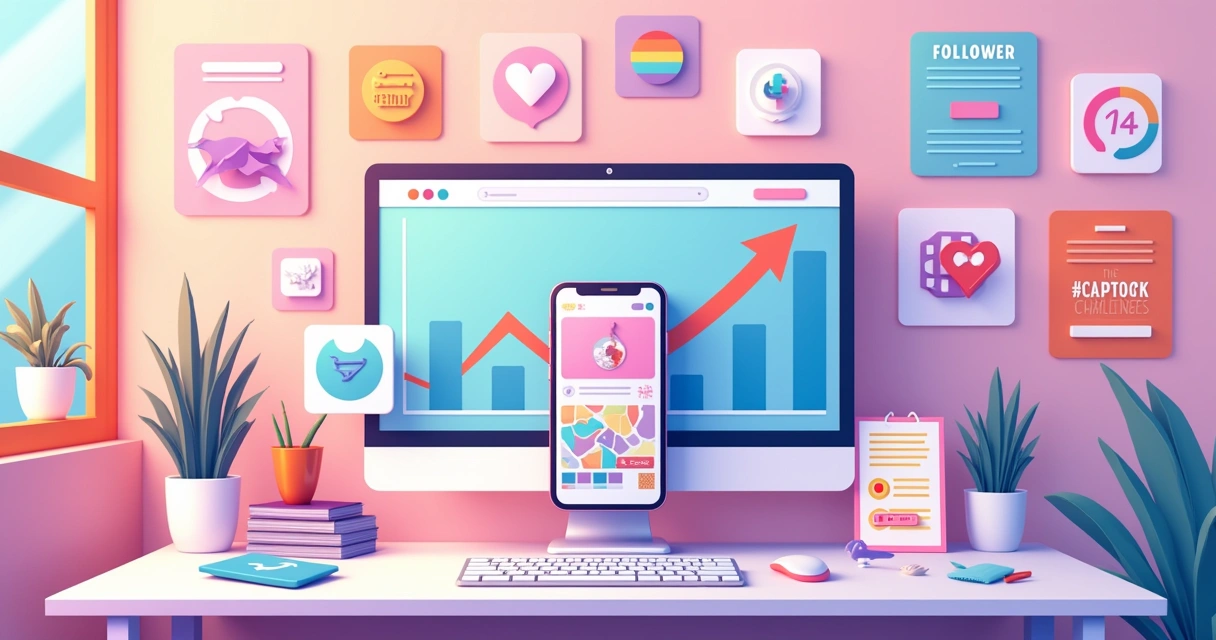 Espaço criativo com ferramentas para melhorar perfil TikTok, incluindo smartphone, laptop e ícones de aplicativos de edição.