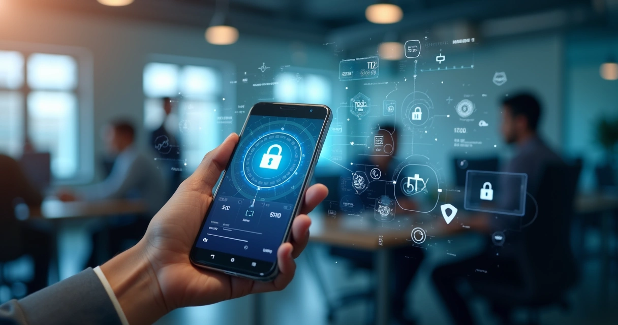 Celular exibindo tela do Pix em ambiente moderno de escritório 