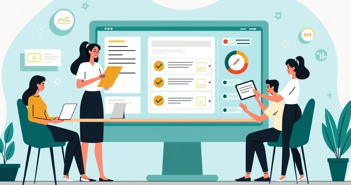 Ferramentas digitais práticas com tela de checklist e dashboard aparecendo em segundo plano. 