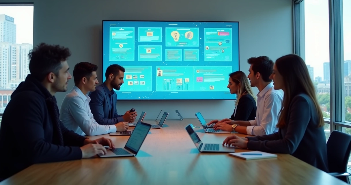 Painel digital com equipe colaborando em ferramentas de produtividade integradas 