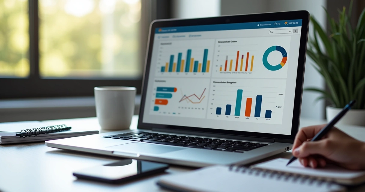 Mesa de escritório com laptop exibindo dashboard de CRM e gráficos, cercada por cadernos, smartphone e pessoa anotando dados