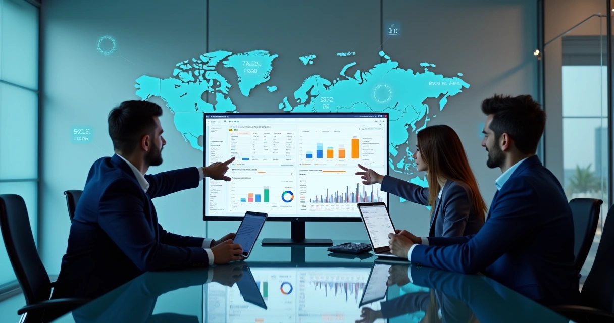Executivos analisando painel de prospecção B2B em tela grande com gráficos e funil de vendas 