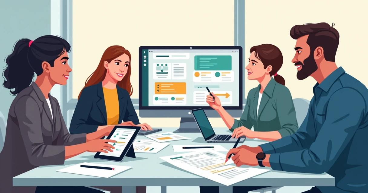 Equipe de desenvolvimento SaaS reunida ao redor de uma mesa, observando protótipos digitais em computadores e tablets 