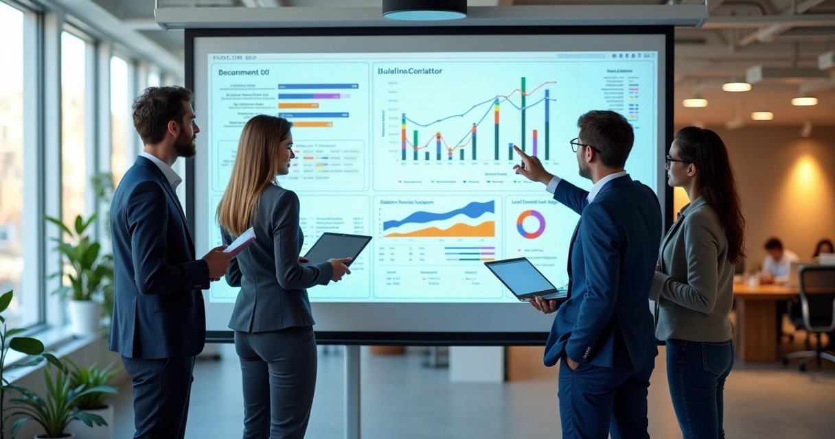 Equipe comercial reunida em frente a um quadro digital, discutindo dados de qualificação de leads 