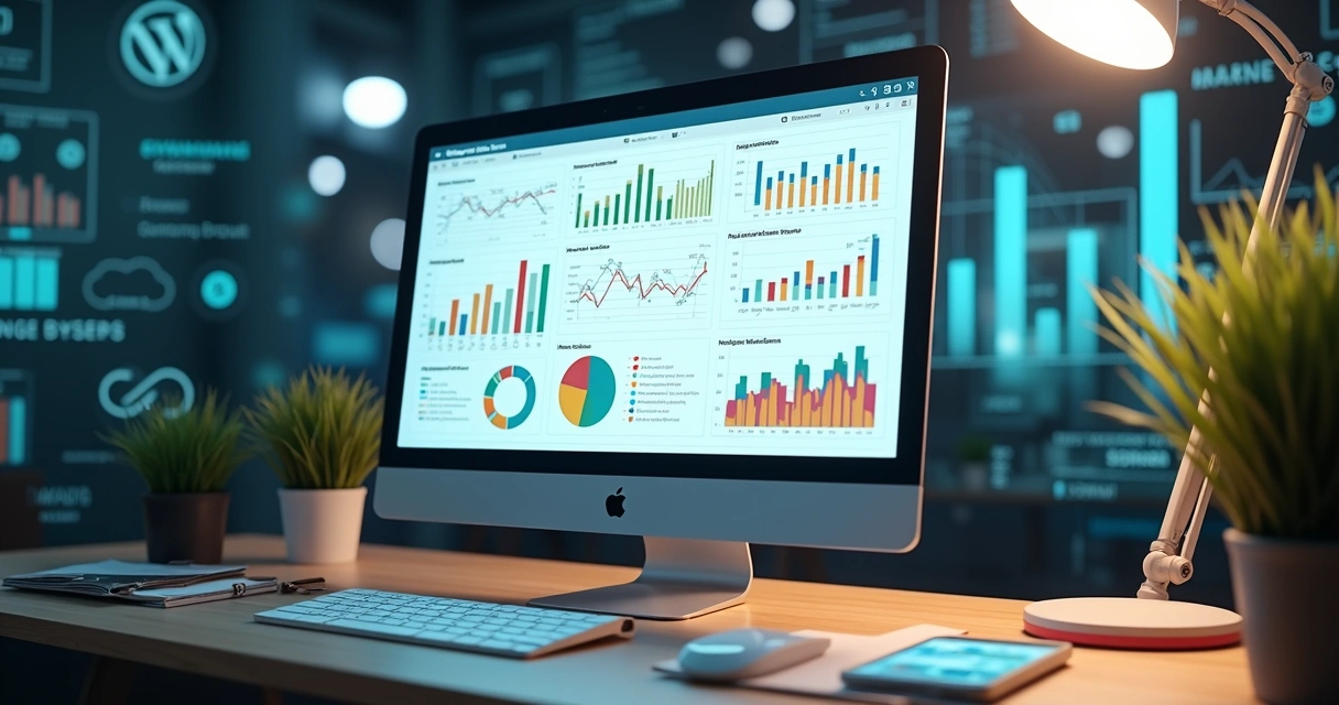 Computador com tela exibindo gráficos de SEO, ferramentas e análises de desempenho digital 