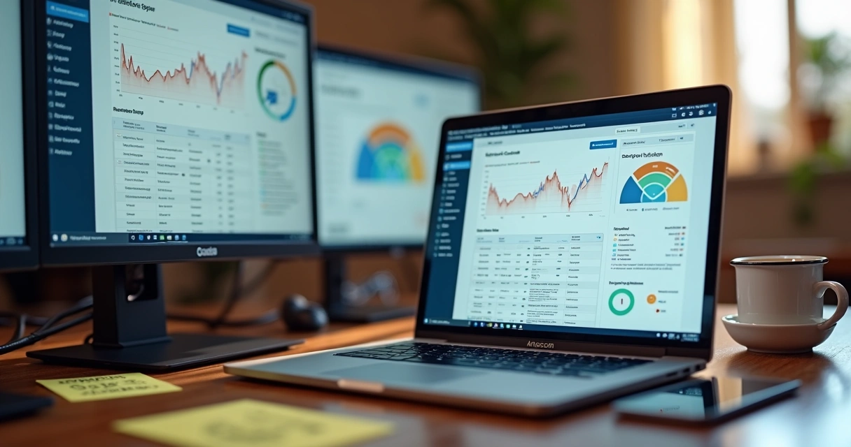 Mesa com computador e ferramentas digitais de SEO