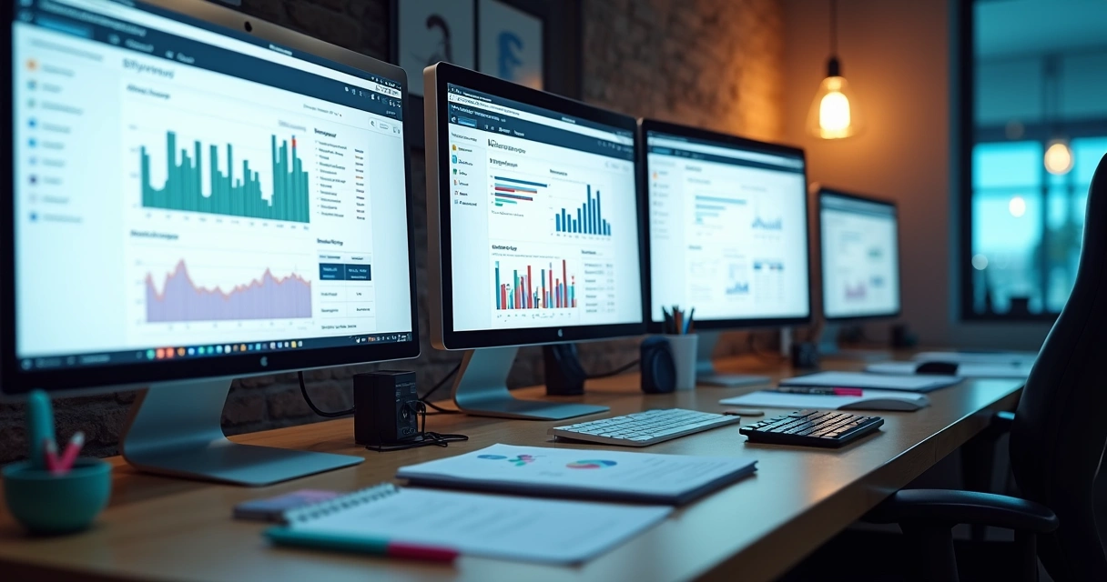 Mesa com computadores exibindo diferentes ferramentas de análise de SEO abertas. 