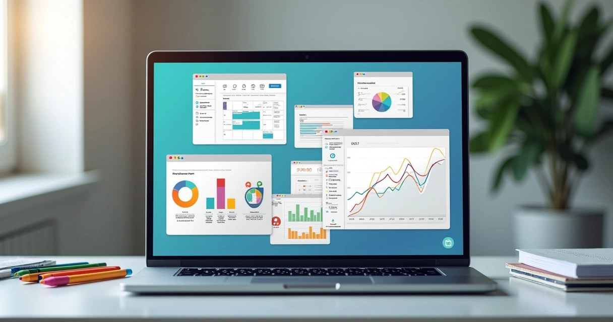 Notebook com janelas de ferramentas, redes e gráficos abertos 