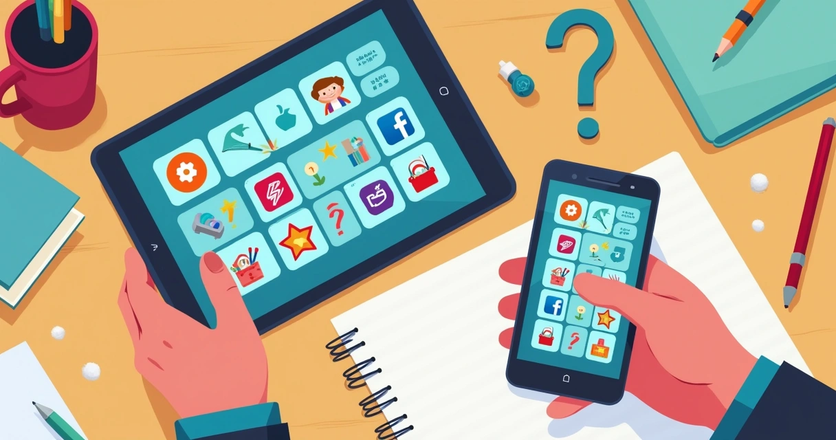 Diversas ferramentas digitais para ensino de inglês em tela de tablet e smartphone 