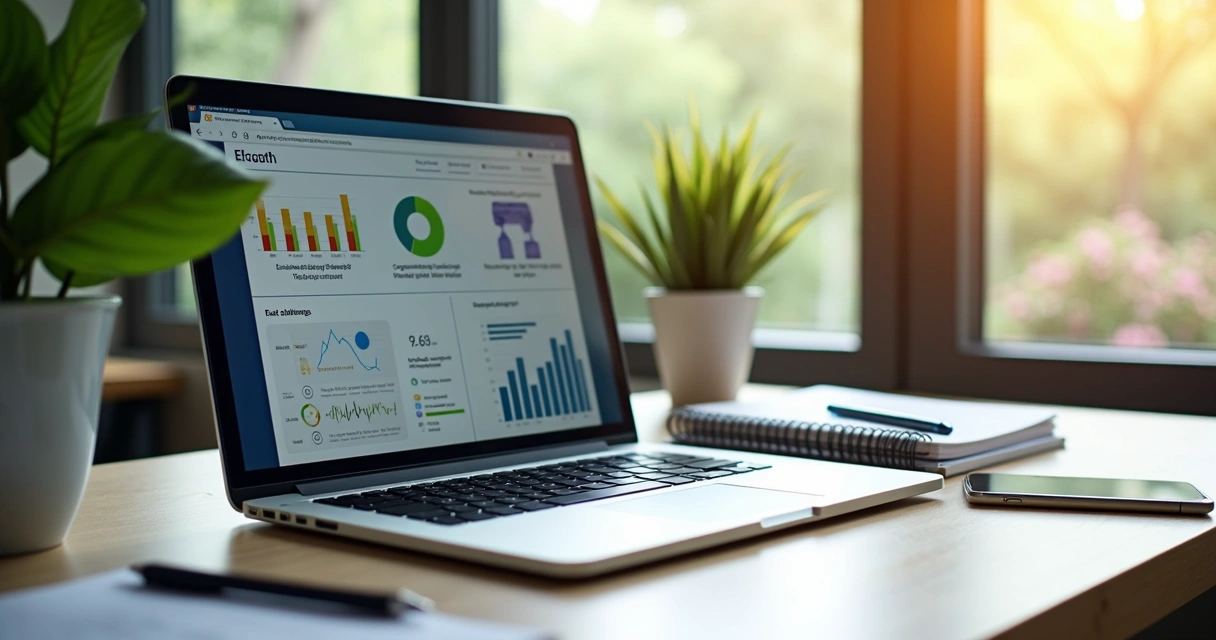 Mesa de trabalho moderna com laptop aberto mostrando plataformas educacionais, dispositivos móveis com gráficos e aplicativos, cadernos, canetas e plantas decorativas ao redor 