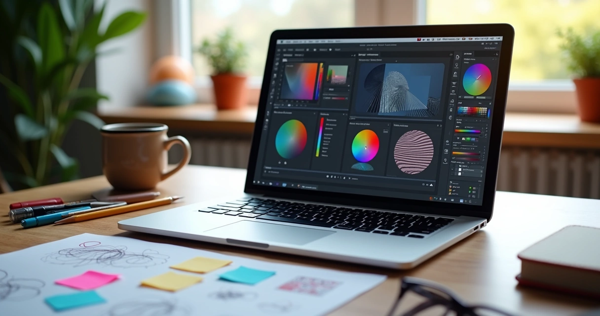 Tela de notebook com programas de design abertos e paleta de cores