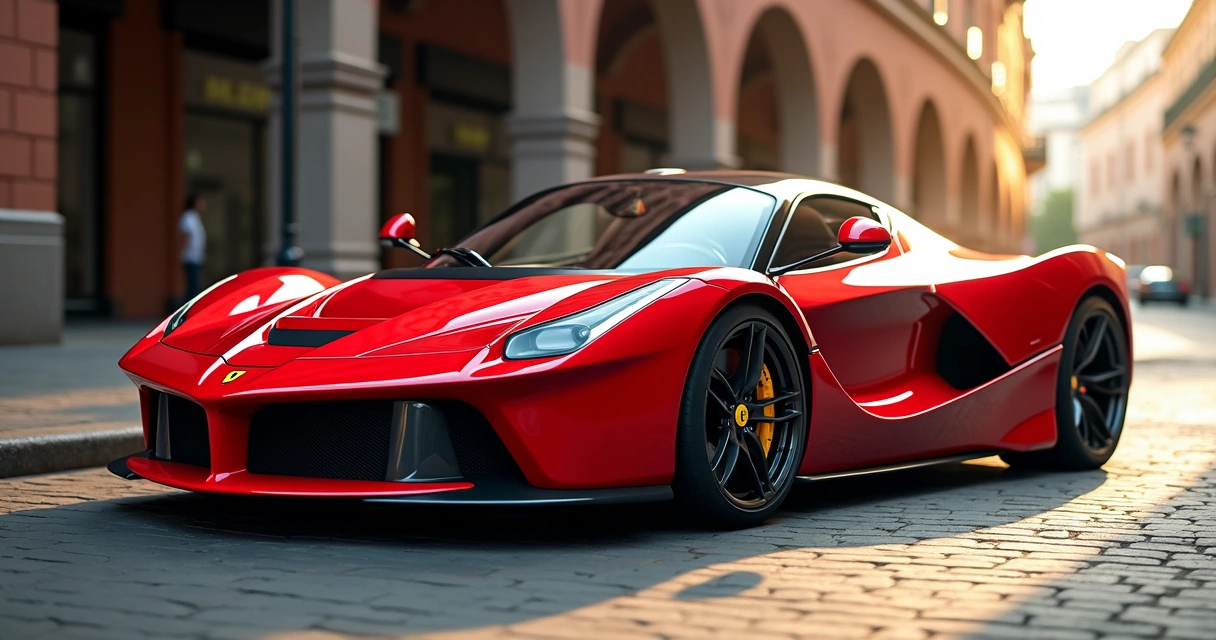 Ferrari LaFerrari vermelha estacionada em ambiente urbano sob luz natural, mostrando detalhes do design e motor 