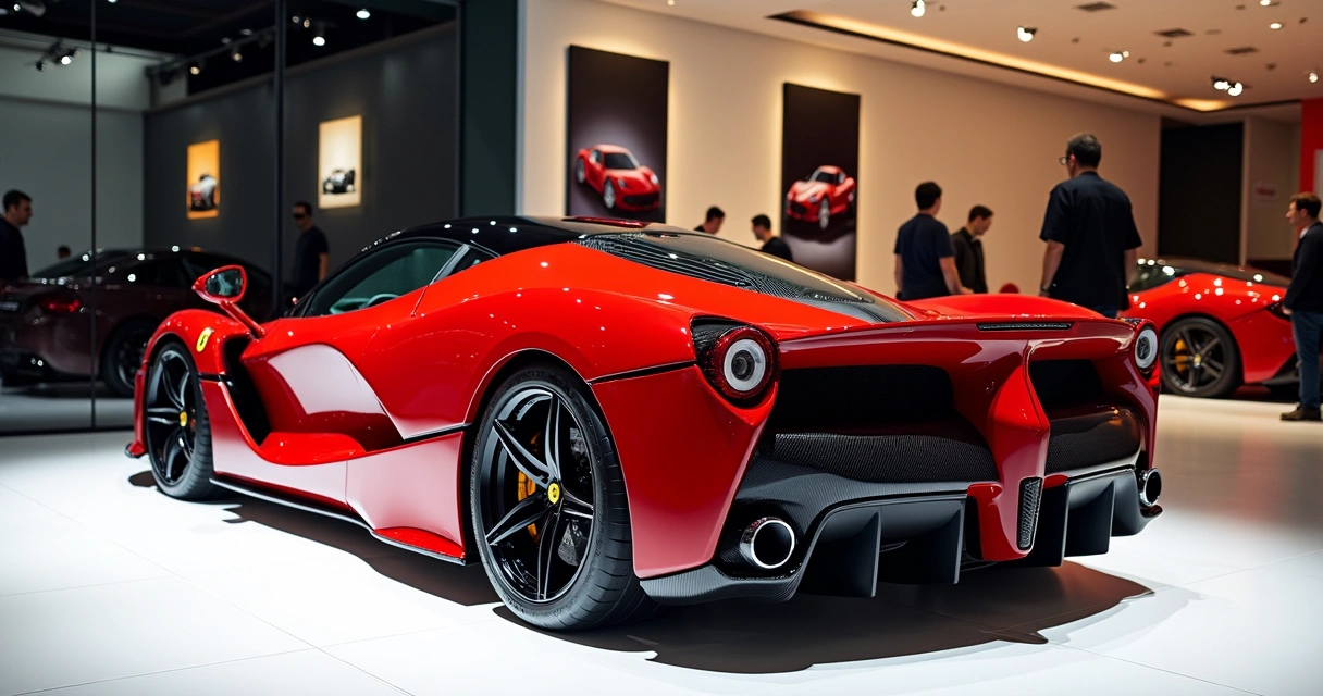 Ferrari LaFerrari vermelha em exposição em salão de luxo 