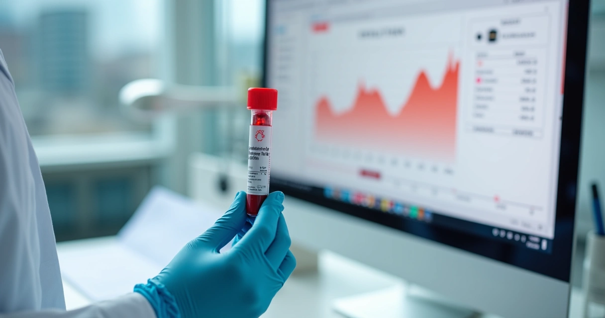 Médico segura tubo de sangue ao lado de tela com gráfico de ferritina alta 