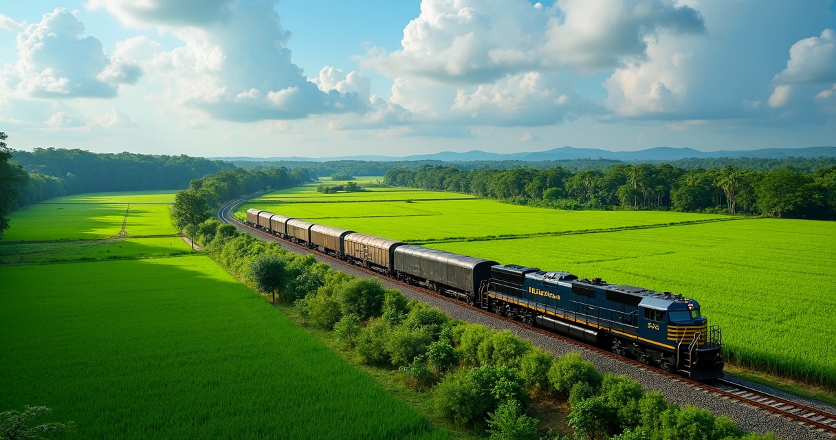 Locomotiva passa ao lado de paisagem de campos de soja na Amazônia. 