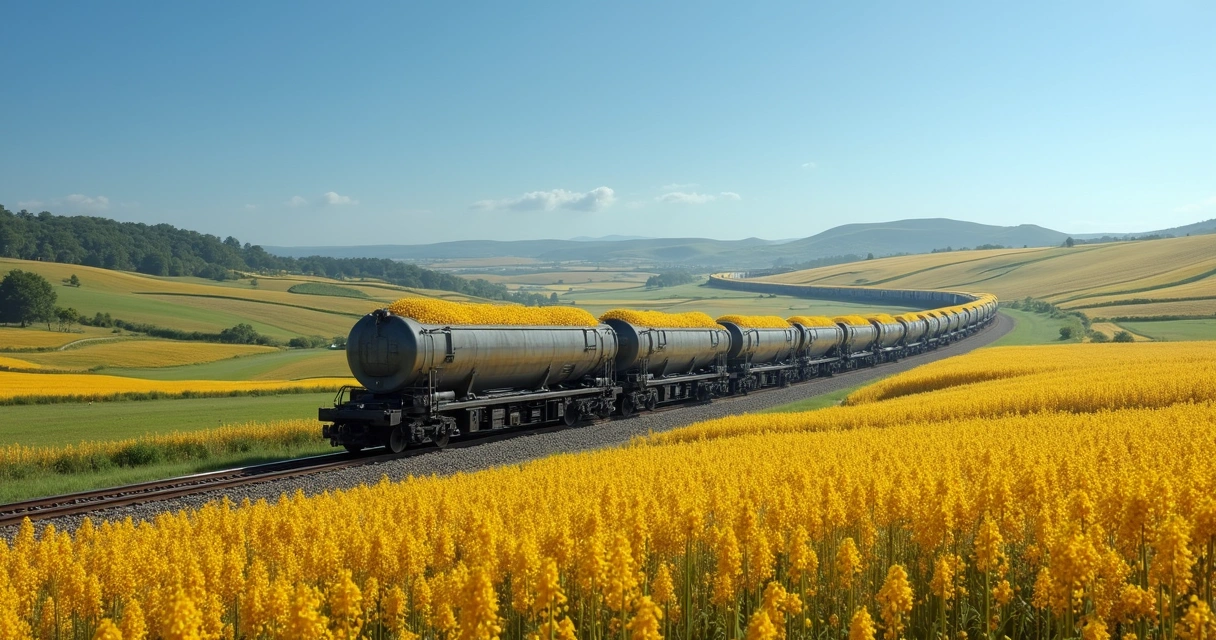 Trem com vagões carregados de soja atravessando paisagem rural no Brasil 