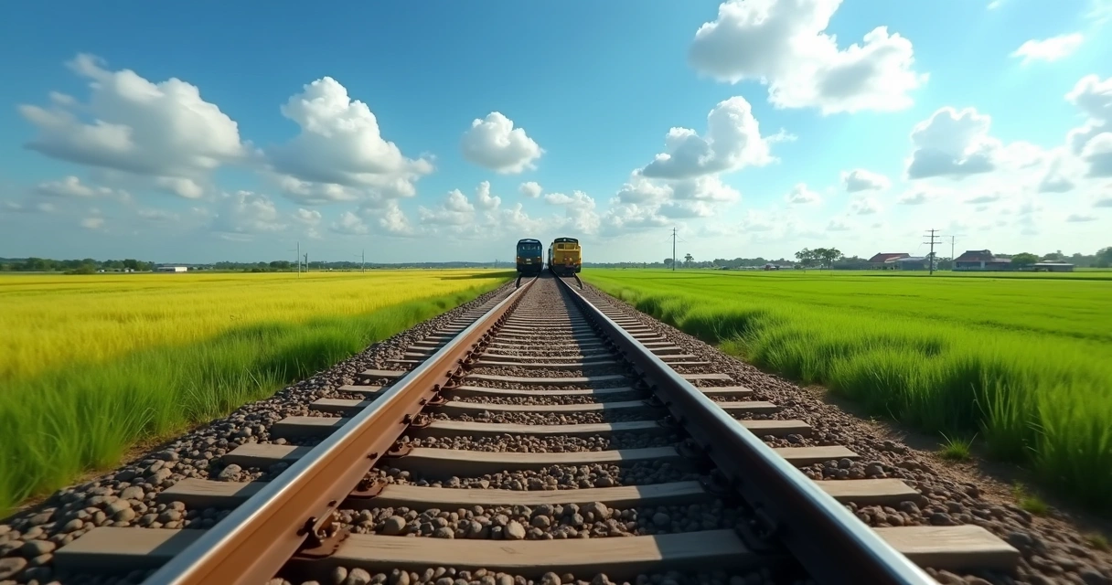 Infraestrutura ferroviária moderna atravessando campos agrícolas em Mato Grosso 