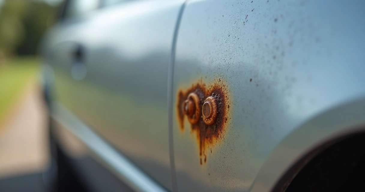 Detalhe de ferrugem em porta de carro prata 