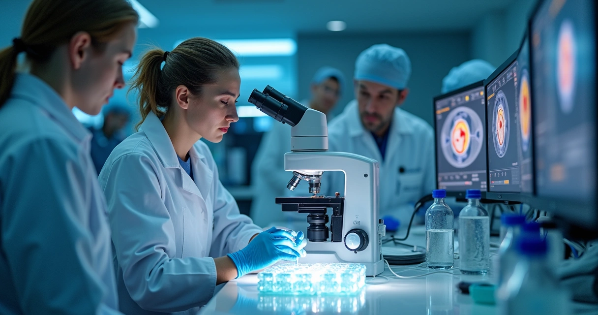 Equipe médica analisando embriões para fertilização assistida 