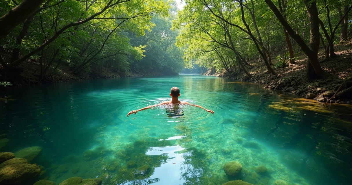 Pessoa em fervedouro de água cristalina no Jalapão 